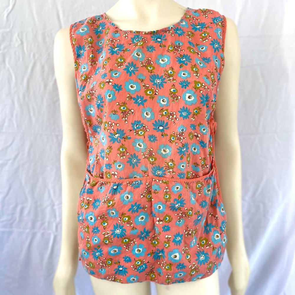 Vintage 1940s Pink Blue and Green Floral Cotton Apron